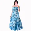 Party Dresses Elegant Bohemian Style Slash Neck Elastic midja Loose Flower Printed Girls Summer Dress for Women 2024