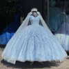 Klänningar Sky Blue Cinderella Princess Quinceanera klänningar med Cape Off Shoulder 3D Floral Laceup Corset Vestidos de 15 Quinceanera