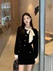 Work Dresses Korean Elegant O-neck Bow Long Sleeve Black Velvet Coat Women Y2k High Waist Bodycon Skirts 2024 Autumn Two Piece Sets