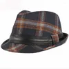 Baretten HT2775 Fedora Mannen Lederen Band Fedora Hoed Trilby Jazz Retro Mannelijke Herfst Winter Hoeden Voor Vintage Plaid Wol