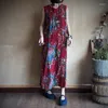 Casual Dresses Johnature Cotton Print Loose Vintage ärmlös klänning 2024 Autumn Women Retro Chinese Style Button O-Neck