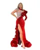 2024 Fantastiska aftonklänningar High Neck Arabic Red Veet Spets Crystal Beads Ruffles Split Mermaid Formal Prom Party Dlows Specical OCN Dress Long Hidees 0513