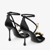 Summer Luxury Women Zea Sandals Shoes Black Satin Leather Metal Flowers High Heels Comfort Footwear Lady Gladiator Sandalias EU35-41