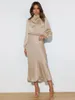 Vestido de satén de alta calidad de color liso con mangas farol y vestido con cuello de tortuga, vestido de noche informal, cómodo y elegante para mujer 240108