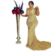 2024 deslumbrante ouro lantejoulas vestidos de noite alta pescoço árabe elegante renda appliqued sereia formal vestidos de festa de baile plus size ocasião especial vestido mangas compridas