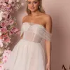 2024 Элегантное короткое свадебное платье из тюля с вырезом в форме сердца с открытыми плечами и жемчугом Свадебные платья длиной выше колена Mini Vestidos De Novia