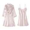 Birdsky Zomer 1 ST Vrouwen Robe Gown Sets nachtjapon nachthemd lange mouwen kant nachtkleding 100% moerbei zijde satijn effen S-257 240108