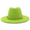 Berretti Moda Verde lime Fibbia per cintura Decor Feltro di lana artificiale Jazz Cappelli Fedora Donna Uomo Piatto a tesa larga Panama Cappello da cowboy L XL