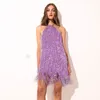 Casual Dresses Luxury Sexy Tassel Halter Mini Dress for Women Summer Glitter rygglöst Sparkly Fringe Slim Party Club kväll