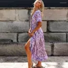 Abiti da festa BOHO INSPIRED Abito lungo floreale lilla con scollo a V Rayon viola Casual 2024 Primavera Estate per le donne Chic lungo