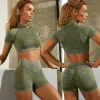 Seamless Women Yoga Set Workout Shirts Sport Pants Bra Gym Suits Fitness Shorts Crop Top High Waist Running Leggings Sports