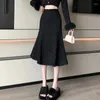 Saias coreano preto elegante fishtail saia mulher 2024 outono inverno cintura alta flare midi feminino brilhante senhoras festa faldas