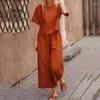 Women's Two Piece Pants 2024 Summer Ladies Elegant Short-Sleeved Suit Women's Pure Cotton Linen Two-Piece Casual O-Neck Blouse Wide-Leg