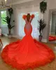 Plumes strass sirène robes de soirée Aso Ebi col en V dos nu femmes robes de bal formelles Court Train orange dos nu