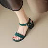 Sandales 2024 Femmes Bout Ouvert En Cuir Véritable Été Rétro Dames Chaussures Noir Vert Rond Chunky Talons