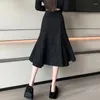 Saias coreano preto elegante fishtail saia mulher 2024 outono inverno cintura alta flare midi feminino brilhante senhoras festa faldas