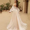 Bohemian Champagne Tulle A Line Wedding Dresses With Removable Long Sleeves Floral Lace Appliqued Bridal Gowns Sexy Sweetheart Bride Vestidos De Novia CL3179