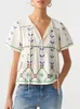 Women's Blouses 2024 Embroidery Hollow Out Shirt Women Lace-up Short Sleeve Ethnic Style Summer Female