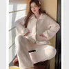 Women's Sleepwear Korean Style INS Cardigan Flannel Winter Pajamas Women Pure Desire Wind Long Sleeve Pants Plus Size 100kg Fat MM Homewear