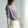 Women's T Shirts Summer Mid Sleeved V-neck Purple Ice Silk Knit T-shirt Top