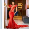 Feathered Portrait Aso Ebi Prom Dresses Luxurious Mermaid Red Evening Dresses for African Nigeria Balck Women Birthday Party Dress Graduaton Party Vestido ST771