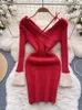 Vestidos casuais yuoomuoo coreano moda ano vermelho vestido de festa outono inverno manga longa magro elástico bodycon mini streetwear outfits