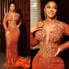 Feathered Luxurious Prom Dresses Orange Mermaid Sheer Neck Beaded Lace Formal Evening Occasion Gowns For Black Women Birthday Party Dress Engagement Gowns NL437
