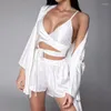 Women's Sleepwear Autumn Sexy Camisole Pajama Three Piece Set Cardigan Long Sleeved Shorts Loose Silky Disfraz Mujeres