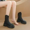 Botas plataforma grossa tornozelo para mulheres outono inverno curto pelúcia salto grosso mulher pu couro back zíper botas de salto alto