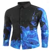 Camisas de vestido masculinas moda tops camisa chama faísca hd padrão impressão lapela rua ao ar livre manga longa botão roupas