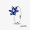 Anillo de diseñador Mujeres Anillos de boda de lujo Vacaciones de Navidad con caja Regalo de Año Nuevo DIY ajuste Pandoras Forma de flor brillante con taladro azul Joyería al por mayor