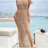 2024 Nieuwe Sexy Holle Visnet Maxi Gebreide Jurk Vrouwen Party Club See Through Bodycon Lange Jurk Zomer Strand vakantie Set 240108