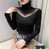 Women's T Shirts 2024 Spring Autumn Turtleneck Long Sleeved S Fashion Casual Diamond Hollow Out Black Mesh Tops