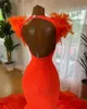 Plumes strass sirène robes de soirée Aso Ebi col en V dos nu femmes robes de bal formelles Court Train orange dos nu