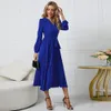 2024 European and American women's new long sleeved slim fit pleated belt V-neck dress A-line skirt