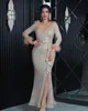 Elegant Long Evening Dresses V Neck Sequin Full Sleeves with Feathers Mermaid Slit Ankle Length Custom Made for Women Party Gowns