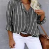 Kvinnors blusar Blus 2024 Spring/Summer Pocket Stripe Shirt Loose Top Long Sleeped Work Flip Collar Button