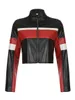 Faux skórzana kurtka moto z zamkiem błyskawicznym i pikowanymi rękawami - stylowy płaszcz motocyklowy dla modnego wyglądu 240108
