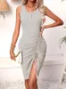 Casual Dresses 2024 Summer Women Dress Solid Color Hem Slit Drawstring Sleeveless Tank O-neck Wrap Hip Pit Stripe Part Short