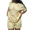 Mulheres sleepwear xingqing mulheres pijama conjunto y2k estética floral / frutas impressão em torno do pescoço manga curta camiseta com cintura elástica shrots