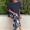 Calças femininas de duas peças moda o-pescoço pulôver topos e impressão calça longa outfits feminino casual meia manga ternos 2024 verão elegante solto