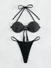 Luxo broca conjunto biquinis feminino halter preto strass rendas até micro maiô brasileiro maiô triângulo banho 240108