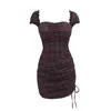 Feestjurken Vrouwen Bodycon Plaid Zomerjurk 2024 Sexy Punk Femme Korte Mini Mouw Slash Hals Gothic Vestidos