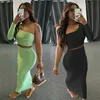 Spring Autumn Women Two Piece Set Crop Top Long Sleeve One Shoulder Elegant Midi kjol Bodycon Sexig streetwear kvinnlig matchning 240108