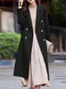 Qoerlin S-4XL faixas elegante casaco feminino longo casaco preto roupas de inverno gola entalhada duplo breasted casaco trench coreano 240108