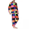 Homens sleepwear colorblock pijama conjuntos outono colorido retalhos macio casa masculino duas peças vintage oversized personalizado nightwear presente idéia