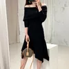 2024 Sexy Schulter Gestrickte Kleid frauen Elegante Casual Modis Lose Vintage Kleid Vestidos Koreanische Kleid 240108