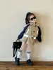 2024 Spring girls clothes sets kids letter printed patchwork color long sleeve trench coat pleated skirt 2pcs children princess outfits Z6586