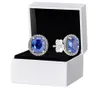 Orecchini a bottone Halo con dichiarazione blu graziose donne Autentico argento sterling 925 Scatola originale per set di orecchini di gioielli da sposa4490089