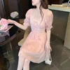 Party Dresses 2024 Summer Women Knee Length Dress Chiffon Sweet Princess Spliced Short Sleeves Fairy Square Neck Pink Double Layered